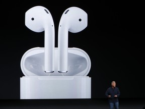 Apple Senior Vice President of Worldwide Marketing Phil Schiller announces AirPods during a launch event on September 7, 2016 in San Francisco, California.