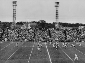 Taylor Field in 1964, with Ron Lancaster calling signals for the Saskatchewan Roughriders and George Reed in the backfield. Photo courtesy Saskatchewan Sports Hall of Fame.