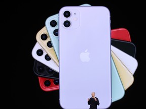 Apple CEO Tim Cook announces the new iPhone 11 as he delivers the keynote address during a special event on Sept. 10, 2019 in the Steve Jobs Theater on Apple's Cupertino, Calif., campus. (Justin Sullivan/Getty Images)