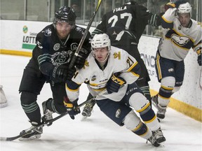 University of Saskatchewan Huskiesdefence Jess Forsberg battles for the puck with University of British Columbia Thunderbirds forward dQuentin Greenwood uring first period of U Sport Men's Hockey action at Merlis Belsher Place in Saskatoon, SK on Friday, January 25, 2019.