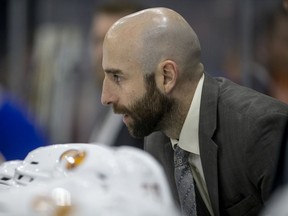 SASKATOON, SK--APRIL 14/2019- Saskatoon Blades head coach Mitch Love as his team takes on the Prince Albert Raiders during the second period of WHL playoff action at SaskTel Centre in Saskatoon, SK on Sunday, April 14, 2019.