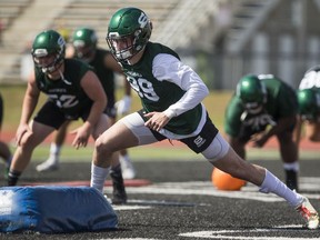 SASKATOON,SK--AUGUST 13/02019-0814 Sports Huskies Camp- University of Saskatchewan Huskies defensive lineman Nicholas Dheilly, a former Regina Ram who has moved over to the Huskies this year, during the first day of training-camp workouts at Griffiths Stadium in Saskatoon, SK on Tuesday, August 13, 2019.