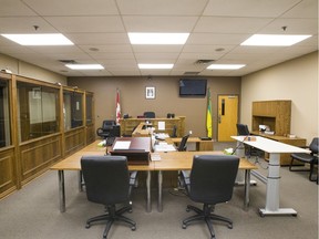 A wide shot of Courtroom #1, used for in-custody docket matters, in the Saskatoon provincial courthouse.
