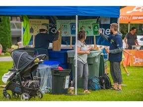 Volunteers work at one of the zero waste recycling depots at the Nutrien Fireworks Festival in Saskatoon, SK on Saturday, August 31, 2019.