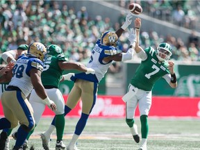 Saskatchewan Roughriders quarterback Cody Fajardo (7) throws a pass during Sunday's 19-17 win over the visiting Winnipeg Blue Bombers in the Labour Day Classic.