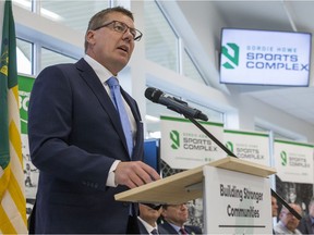 Saskatchewan Premier Scott Moe speaks during an event to a event to announce funding for the expansion of SaskatoonÕs Gordie Howe Sports Complex in the main hall of the sports complex in Saskatoon, SK on Wednesday, September 4, 2019.