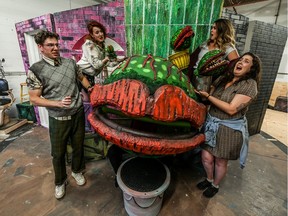 Kieran Johnson, Celeste Nickolson, Robyn Knight, and Siarra Riehl (left to right) will be performing in Little Shop of Horrors at the Broadway Theatre along with a large puppet, centre, played by Toryn Adams. Photo taken in Saskatoon, SK on Monday, September 16, 2019.