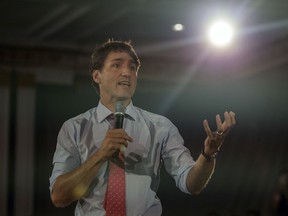 Liberal leader Justin Trudeau speaks at a town hall in in Saskatoon, Sask. on Sept. 19, 2019.