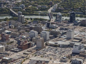Saskatoon city hall is negotiating with private property owners to secure potential sites for a downtown arena/convention centre. Downtown Saskatoon is shown in this Sept. 13, 2019 aerial photo.