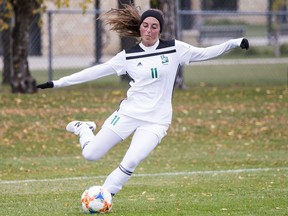 Saskatchewan Huskies forward Maya Gabruch takes a shot as the Saskatchewan Huskies women's soccer squad plays against the Winnipeg Wesmen women's team at Griffith's Stadium on Saturday, Sept. 28, 2019 in Saskatoon.