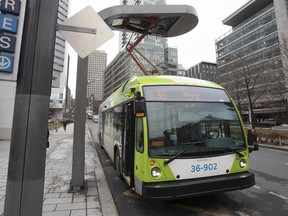 The STM fully electric bus gets its morning charge at the Square Victoria charging station on Friday November 30, 2018, in Montreal, Quebec.