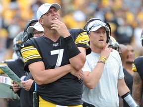Pittsburgh Steelers quarterback Ben Roethlisberger (7) watches a replay from the sidelines against the Seattle Seahawks at Heinz Field. (Philip G. Pavely-USA TODAY Sports)