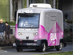 ELA, an electric autonomous vehicle operated by Pacific Western Transportation makes a test trip in Vancouver,  February 23 2019. Saskatoon Transit has been approached to consider a similar pilot project with an autonomous shuttle.