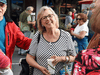Green party Leader Elizabeth May, seen in the original photo showing her holding a disposable, biodegradable cup at a market on Vancouver Island. May says she was “completely shocked” that someone had photoshopped the image to add a metal straw and reusable cup.
