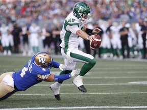 This eight-yard touchdown run by Cody Fajardo was a rare bright spot for the Saskatchewan Roughriders on Saturday, when they lost 35-10 to the host Winnipeg Blue Bombers.