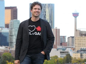 The man behind the "I Heart Canadian Oil & Gas" t-shirts, Cody Battershill, poses for a photo in the cities SW. Sunday, September 22, 2019. Brendan Miller/Postmedia