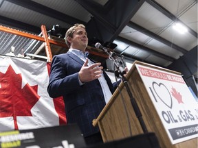 Conservative Leader Andrew Scheer speaks during a pro-pipeline rally at IJACK Technologies Inc. near Moosomin in February 2019.