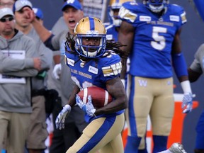 Winnipeg Blue Bombers' Janarion Grant breaks free for a 72-yard punt-return touchdown Saturday against the Saskatchewan Roughriders, who had three missed tackles on the play.