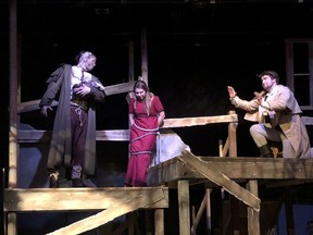 (Left to right) Max Folk, Chloé Mallinson, and Kalub Sinclair perform during a media call for the Greystone Theatre production of Frankenstein; or The Man and the Monster at the University of Saskatchewan's John Mitchell Building on Oct. 8, 2019. The show runs from Oct. 9 to 19.