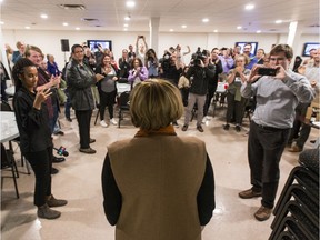 Sheri Benson, NDP candidate for Saskatoon-West, greets supporters at an NDP election gathering in Saskatoon, SK on Monday, October 21, 2019.