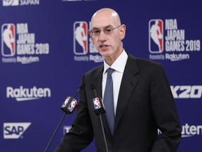 NBA Commissioner Adam Silver speaks during a press conference prior to the preseason game between Houston Rockets and Toronto Raptors at Saitama Super Arena on October 08, 2019 in Saitama, Japan.