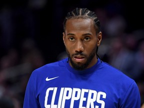 Kawhi Leonard #2 of the LA Clippers during warm up before a preseason game against the Denver Nuggets at Staples Center on October 10, 2019 in Los Angeles. (Photo by Harry How/Getty Images)