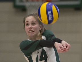 U of S Huskies outside hitter Olivia Mattern bumps the ball during the game at Ron and Jane Graham Court in Saskatoon on Friday, November 30, 2018.
