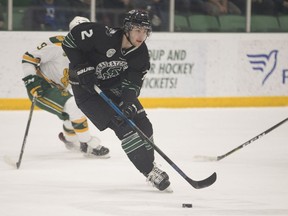 The University of Saskatchewan Huskies are without injured defender Sam Ruopp, shown here moving the puck during Game 2 of the Canada West men's hockey final at Merlis Belsher Place in Saskatoon, Sk on Saturday, March 2, 2019.