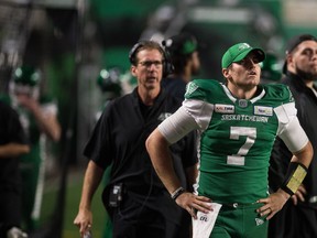 Saskatchewan Roughriders quarterback Cody Fajardo, 7, is shown after throwing an interception in a 37-10 loss to the visiting Calgary Stampeders on July 6. Fajardo and the Roughriders are hoping to fare much better Friday night in Calgary.