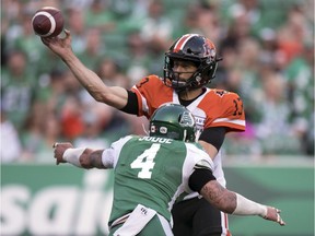 Saskatchewan Roughriders linebacker Cameron Judge (4) shown pressuring B.C. Lions quarterback Mike Reilly on July 24, is expected to be on the active roster on Friday after missing a game with a concussion.