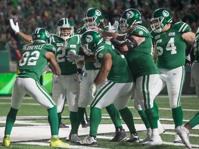 The Saskatchewan Roughriders celebrate one of their 43 offensive touchdowns this season. Last year, Saskatchewan scored a league-low 25 offensive TDs.