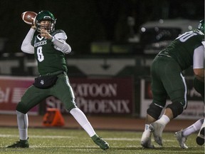University of Saskatchewan Huskies quaterack Mason Nyhus throws a pass against the University of Calgary Dinos in first quarter of U Sports football action at Griffiths Stadium in Saskatoon, SK on Friday, September 27, 2019.