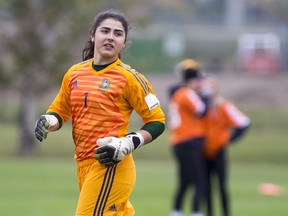 Saskatchewan Huskies goalkeeper Jadyn Steinhauer of the Saskatchewan Huskies women's soccer team in a game against the Winnipeg Wesmen women's team at Griffith's Stadium on Saturday, September 28, 2019 in Saskatoon, SK.