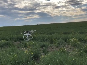 A Precision.ai Inc. drone equipped with herbicide spray nozzles flies over a field. Company founder and CEO Dan McCann believes the technology, which "surgically" targets weeds, has the potential to upend the agriculture industry. Photo supplied to the Saskatoon StarPhoenix by Precision.ai