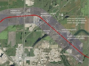 This map shows the proposed route for the Saskatoon Freeway north of Saskatoon city limits. (City of Saskatoon)