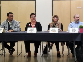 (Left-to-right) Shawn Setyo, Tracy Muggli, Sheri Benson and Isaac Hayes at a 2019 federal election candidates' forum at the Station 20 West building in Saskatoon, Sask. on Oct. 3, 2019. (Bryn Levy/Saskatoon StarPhoenix)