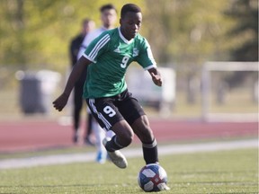 Saskatchewan Huskies midfielder Kuhle Bekwayo moves the ball up field as the University of Saskatchewan Huskies Soccer team play host to the Mount Royal Cougars in Canada West men's soccer action at Griffiths Stadium on Sunday, October 6, 2019 in Saskatoon, SK.
