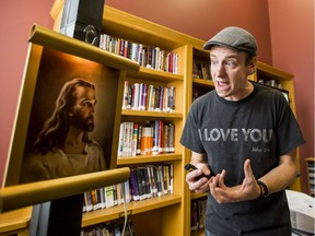SASKATOON,SK--October 10/2019 -  1015 news living room show - Tim Bratton performs a scene from his one-man show My Little Plastic Jesus, produced by Burnt Thicket Theatre. The show will be performed in different living rooms instead of a single venue. Photo taken in Saskatoon, SK on Thursday, October 10, 2019.