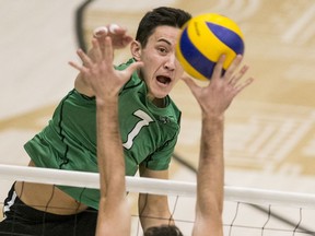 University of Saskatchewan Huskies outside hitter Dylan Mortensen spikes the ball during an offensive attack against the University of Windsor Lancers during Huskie Invitational men's volleyball action in Saskatoon on Saturday, October 12, 2019.