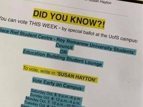 Saskatoon-University NDP candidate Claire Card's campaign has filed a complaint with Elections Canada over this flyer apparently circulated by Liberal candidate Susan Hayton's campaign on the University of Saskatchewan campus in early October. Photo submitted to the Saskatoon StarPhoenix.