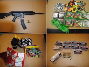 An assault rifle, packages of shatter and ammunition police say they seized during the execution of a search warrant at a Saskatoon motel on Oct. 12, 2019.  Saskatoon Police Service/Facebook, uploaded Oct. 15, 2019