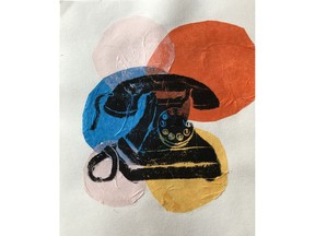Telephone by Sydney G., Grade Seven is on display at Market Mall Children's Playland Art Gallery.