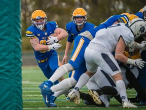 Ben Abrook runs the ball during the Saskatoon Hilltops' playoff win over the Edmonton Wildcats this past weekend.