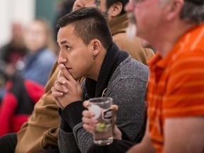 Supporters watch as election results come in at an NDP election gathering in Saskatoon, SK on Monday, October 21, 2019.