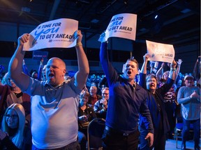 Conservative supporters cheer as it is announced that Michael Kram, the Regina-Wascana candidate won his seat over incumbent Liberal Ralph Goodale as federal election results roll in at the Conservative Party of Canada headquarters at the International Trade Centre at Evraz Place.