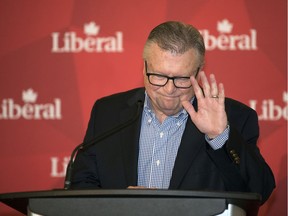 Longtime Liberal MP Ralph Goodale addresses his supporters after losing his seat in Regina-Lewvan. (Troy Fleece / Regina Leader-Post)