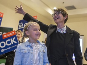 Kelly Block, Conservative candidate for Carlton Trail-Eagle Creek, is introduced during a gathering on election night at the Hilton Garden Inn in Saskatoon, SK on Monday, October 21, 2019.