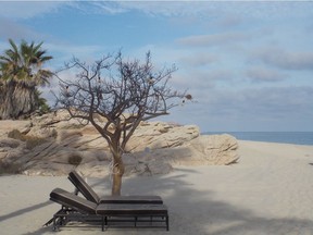 Most hotel beaches around Mexico's Cabo San Lucas region are uncrowded because the undertow makes swimming unsafe. But they're a perfect place to relax on a lounge chair or stroll by the surf. (photo by Lori Coolican)