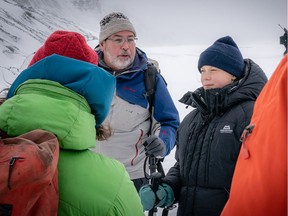 During her trip across North America, climate activist Greta Thunberg (right) met with University of Saskatchewan water scientist John Pomeroy at a U of S field research site on the Athabasca Glacier in Jasper, Alberta on Oct. 22, 2019 (Photo courtesy Mark Ferguson / University of Saskatchewan)