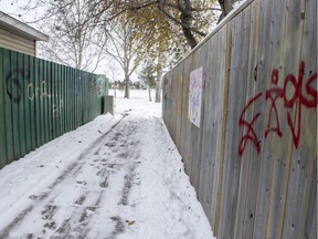 Vandalism in a walkway near the 10th block of Verbeke Court in the Silverwood Heights neighbourhood in Saskatoon, SK on Tuesday, October 29, 2019.